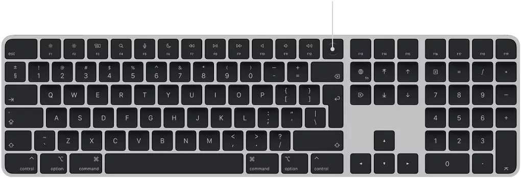 Указатель, показывающий датчик Touch ID на клавиатуре Magic Keyboard над клавишей Delete