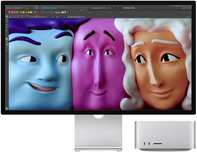 Studio Display ilə birgə təsvir olunan Mac Studio-nun öndən görünüşü
