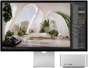 Mac Studio-nun yanında Studio Display monitorunun öndən görünüşü