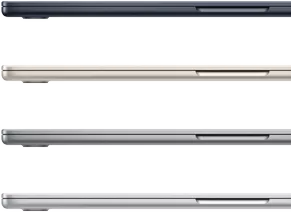 dörd MacBook Air noutbuku mövcud rəngləri göstərir: ”qaranlıq gecə”, ”ulduz işığı”, ”kosmik boz” və gümüşü”