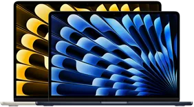MacBook Air-in 13 düymlük və 15 düymlük modellərinin öndən görünüşündə ekran ölçüləri diaqonal olaraq göstərilir