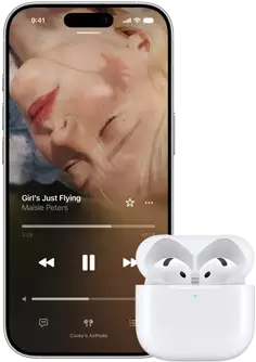 AirPods Pro 3 in MagSafe Charging Case, iPhone 17 Pro, Apple Music plays Everybody Laughs by David Byrne and Ghost Train Orchestra