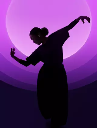 A person dancing while wearing AirPods 5, multi-color background