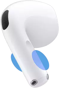 AirPods 5 earbud exterior, blue circles highlighting where to touch the stem for volume controls