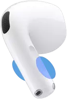 AirPods 5 earbud exterior, blue circles highlighting where to touch the stem for volume controls