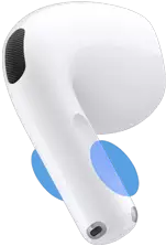AirPods 5 earbud exterior, blue circles highlighting where to touch the stem for volume controls