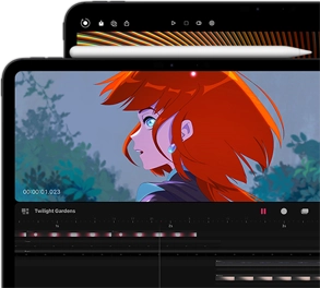 11-inch iPad Pro with Apple Pencil Pro attached and 13-inch iPad Pro behind it. Both models showing bright, vibrant, colourful imagery on the Ultra Retina XDR display