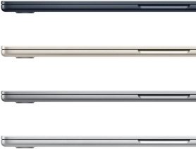 Четыре закрытых ноутбука MacBook Air с доступными цветами отделки: Midnight, Starlight, Space Grey и Silver.