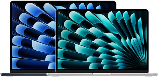 Вид спереди на 13-дюймовые и 15-дюймовые модели MacBook Air с указанием размеров дисплея (измеряется по диагонали)