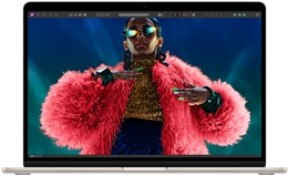 На экране MacBook Air отображается красочное изображение, демонстрирующее цветовой диапазон и разрешение дисплея Liquid Retina.