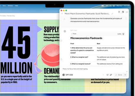 MacBook Air screen showing Apple Intelligence Writing Tools creating flash cards about micro and macro economics