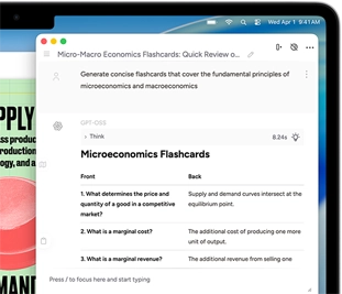 MacBook Air screen showing Apple Intelligence Writing Tools creating flash cards about micro and macro economics