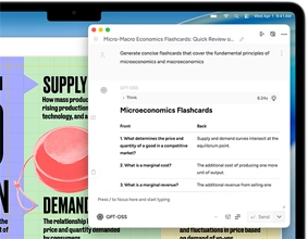 MacBook Air screen showing Apple Intelligence Writing Tools creating flash cards about micro and macro economics
