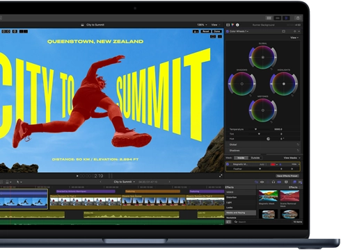 MacBook Air screen, partial view, showing video editing to demonstrate M5 chip capabilities
