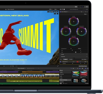 MacBook Air screen, partial view, showing video editing to demonstrate M5 chip capabilities