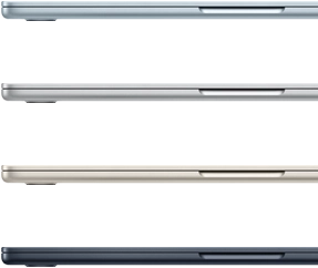 Side exteriors of four MacBook Air laptops, showcasing four different finishes