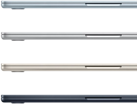 Side exteriors of four MacBook Air laptops, showcasing four different finishes