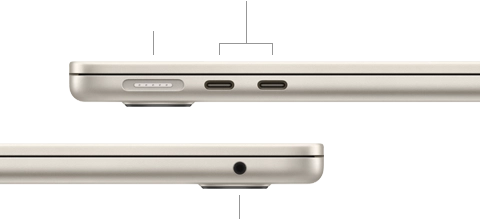 MacBook Air, closed, left side, showing MagSafe and two Thunderbolt ports, right side, showing headphone jack