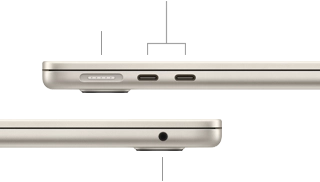MacBook Air, closed, left side, showing MagSafe and two Thunderbolt ports, right side, showing headphone jack
