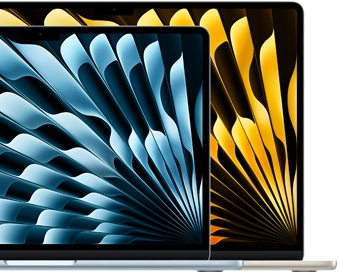 Two MacBook Air laptops demonstrating relative sizes of displays: 13.6 inches and 15.3 inches, measured diagonally