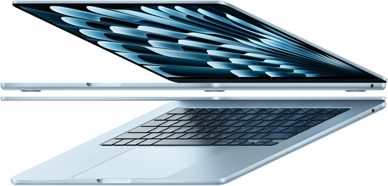 Two open MacBook Air laptops in sky blue color forming arrow shape, emphasizing narrow profile