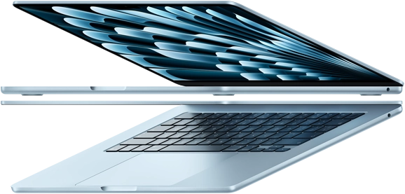 Two open MacBook Air laptops in sky blue color forming arrow shape, emphasizing narrow profile