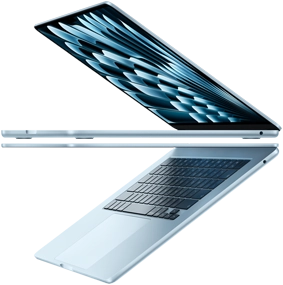 Two open MacBook Air laptops in sky blue color forming arrow shape, emphasizing narrow profile
