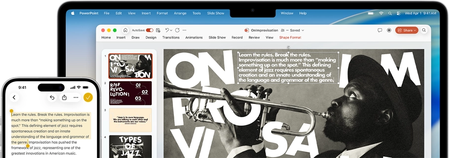 iPhone 16 Plus with text highlighted in the Notes app, MacBook Air with a Keynote slide open, text from Notes app is visible on the slide