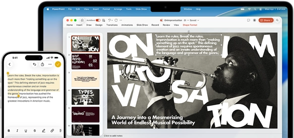 iPhone 16 Plus with text highlighted in the Notes app, MacBook Air with a Keynote slide open, text from Notes app is visible on the slide