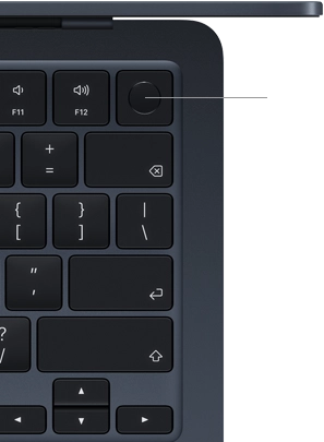 MacBook Air keyboard, top right, demonstrating the location of the Touch ID button