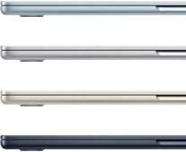 Side exteriors of four MacBook Air laptops, showcasing four different finishes