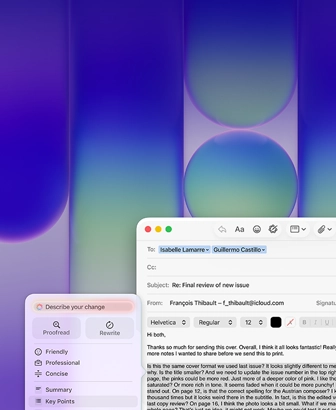 MacBook Neo screen, using Apple Intelligence Writing Tools in Mail to revise a long paragraph in an email containing feedback on a publication