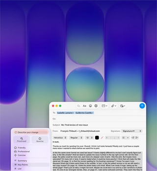 MacBook Neo screen, using Apple Intelligence Writing Tools in Mail to revise a long paragraph in an email containing feedback on a publication