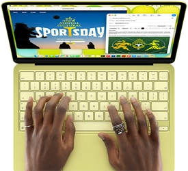 MacBook Neo, citrus colour, hands on keyboard, user is composing an email invitation to the opening of a sports event, website for the event open alongside