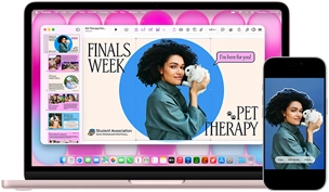 MacBook Neo, blush color, next to iPhone, MacBook Neo screen shows presentation titled Finals Week Pet Therapy with photo of a person holding a guinea pig, iPhone screen shows same photo, which has been turned into a sticker to use in presentation