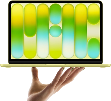 MacBook Neo in citrus color, balanced on fingertips of open hand, screen displaying colorful abstract pattern