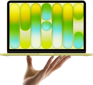 MacBook Neo in citrus color, balanced on fingertips of open hand, screen displaying colorful abstract pattern