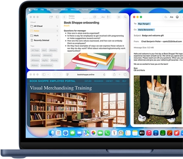 MacBook Neo, indigo color, screen shows composing a welcome email to new employee of bookstore, other tiled windows contain Notes doc about onboarding and bookstore's employee portal website in Safari