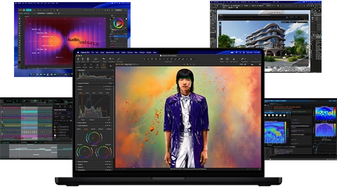A variety of colorful screen content from music production, graphic design, 3D animation, and photo editing apps on Mac, demonstrating powerful graphics performance
