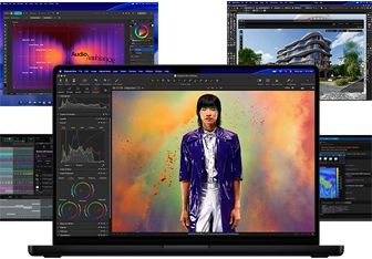 A variety of colorful screen content from music production, graphic design, 3D animation, and photo editing apps on Mac, demonstrating powerful graphics performance