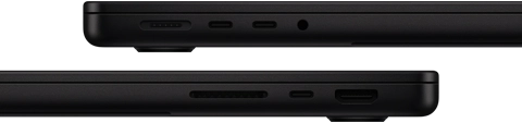 Showing the ports on MacBook Pro — left side: MagSafe 3, two Thunderbolt ports, and headphone jack — right side: SDXC card slot, one Thunderbolt port, and HDMI