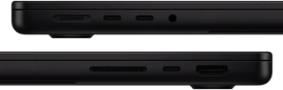 Showing the ports on MacBook Pro — left side: MagSafe 3, two Thunderbolt ports, and headphone jack — right side: SDXC card slot, one Thunderbolt port, and HDMI