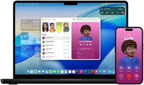 MacBook Pro and iPhone 16 Plus, Phone app open, same contact displayed on both screens