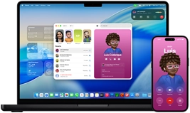 MacBook Pro and iPhone 16 Plus, Phone app open, same contact displayed on both screens
