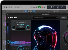 Screen content demonstrating MicDrop software using AI features to edit a vocal recording on a MacBook Pro