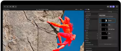 MacBook Pro, Final Cut Pro, Auto Mask panel, People category selected, additional categories: skin, skin and face, hair, mouth, climber in red tones scaling rocky cliff against blue sky
