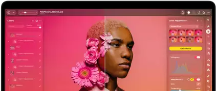 MacBook Pro screen of a photo of a person being edited in Pixelmator Pro