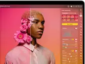 MacBook Pro screen of a photo of a person being edited in Pixelmator Pro