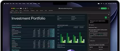 MacBook Pro screen showing Excel spreadsheet with investment portfolio data, green bar chart, purple donut chart, and Copilot sidebar with quarterly totals