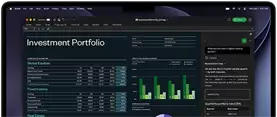 MacBook Pro screen showing Excel spreadsheet with investment portfolio data, green bar chart, purple donut chart, and Copilot sidebar with quarterly totals